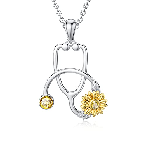 925 Sterling Silver Sunflower Stethoscope Pendant Necklace