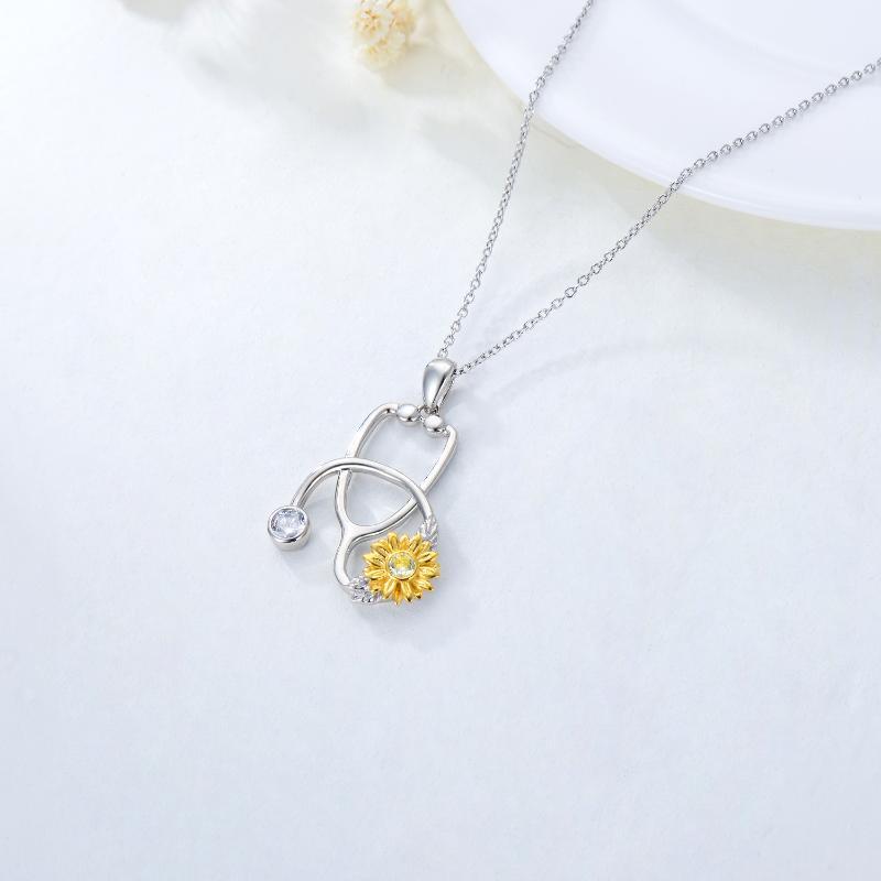 925 Sterling Silver Sunflower Stethoscope Pendant Necklace