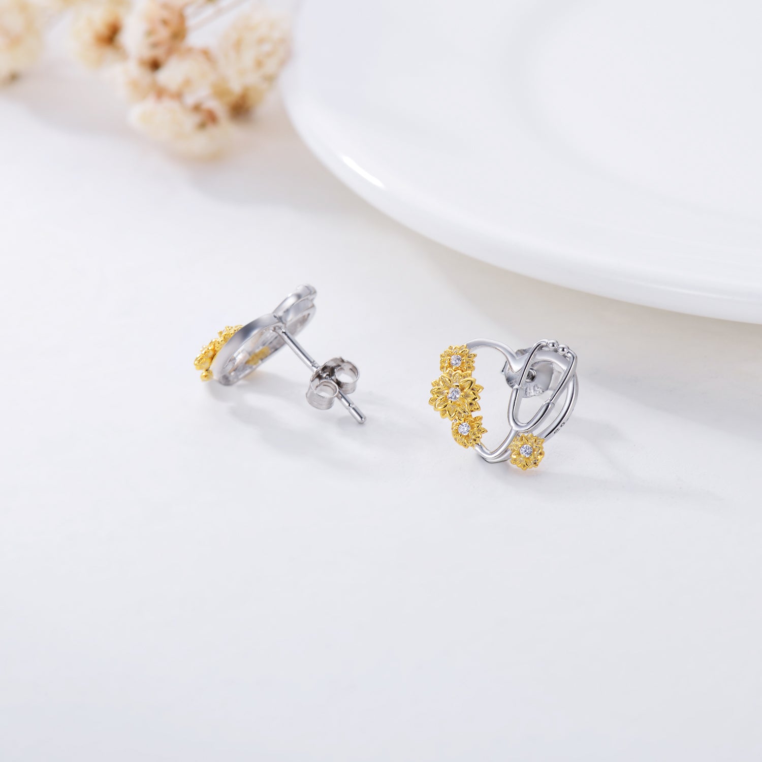 Sunflower Stethoscope Heart Earrings - Sterling Silver