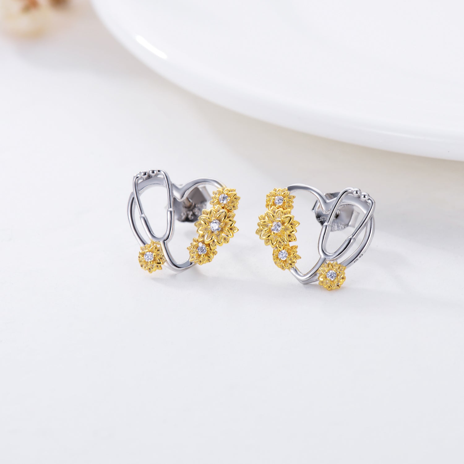 Sunflower Stethoscope Heart Earrings - Sterling Silver