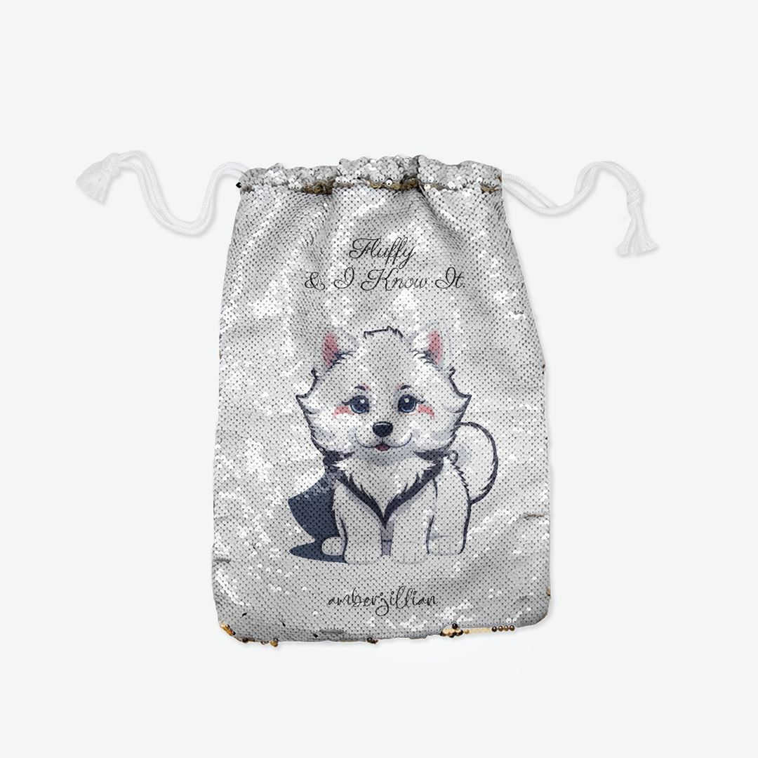 Fluffy Pup - Sequin Reversible Pull String Bag