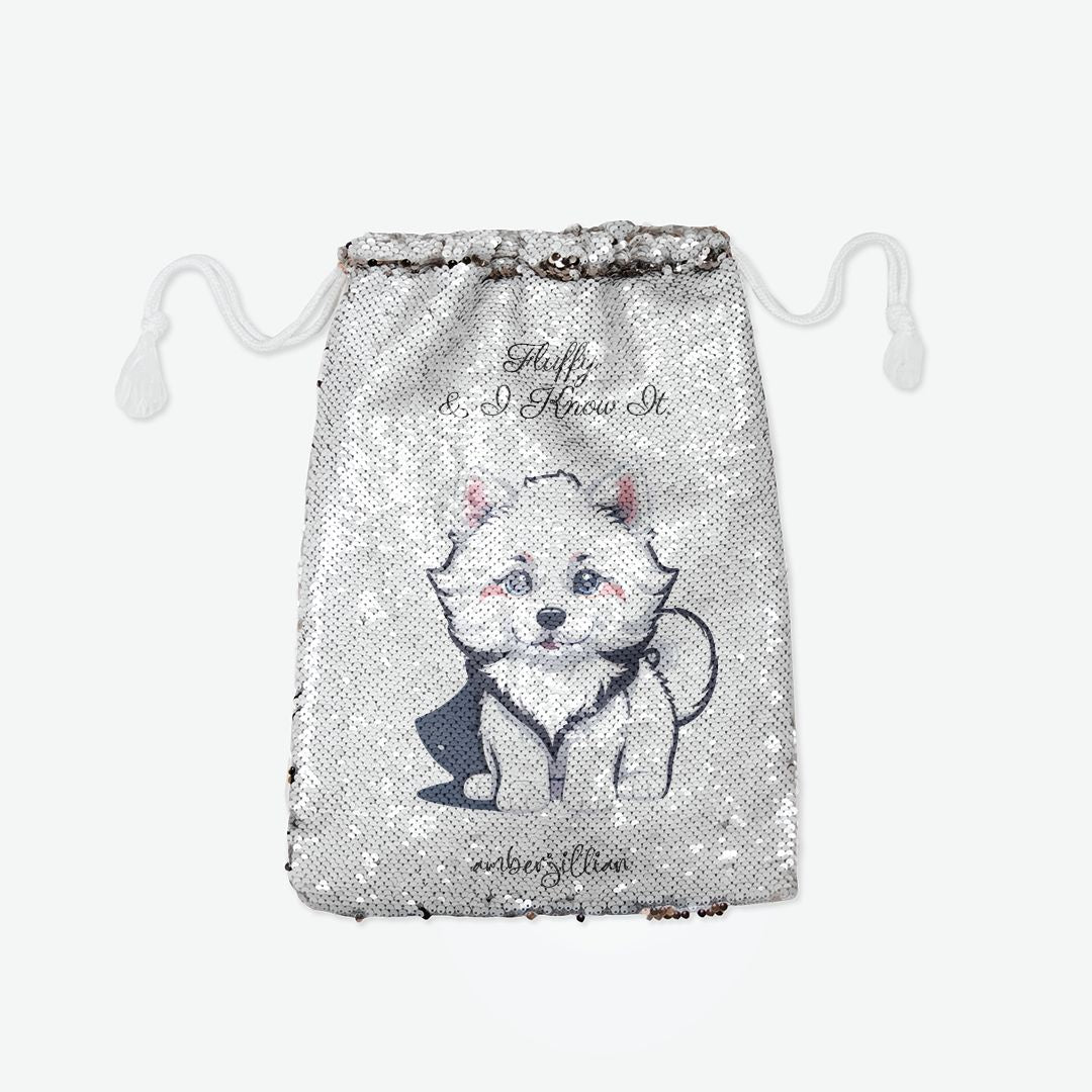 Fluffy Pup - Sequin Reversible Pull String Bag
