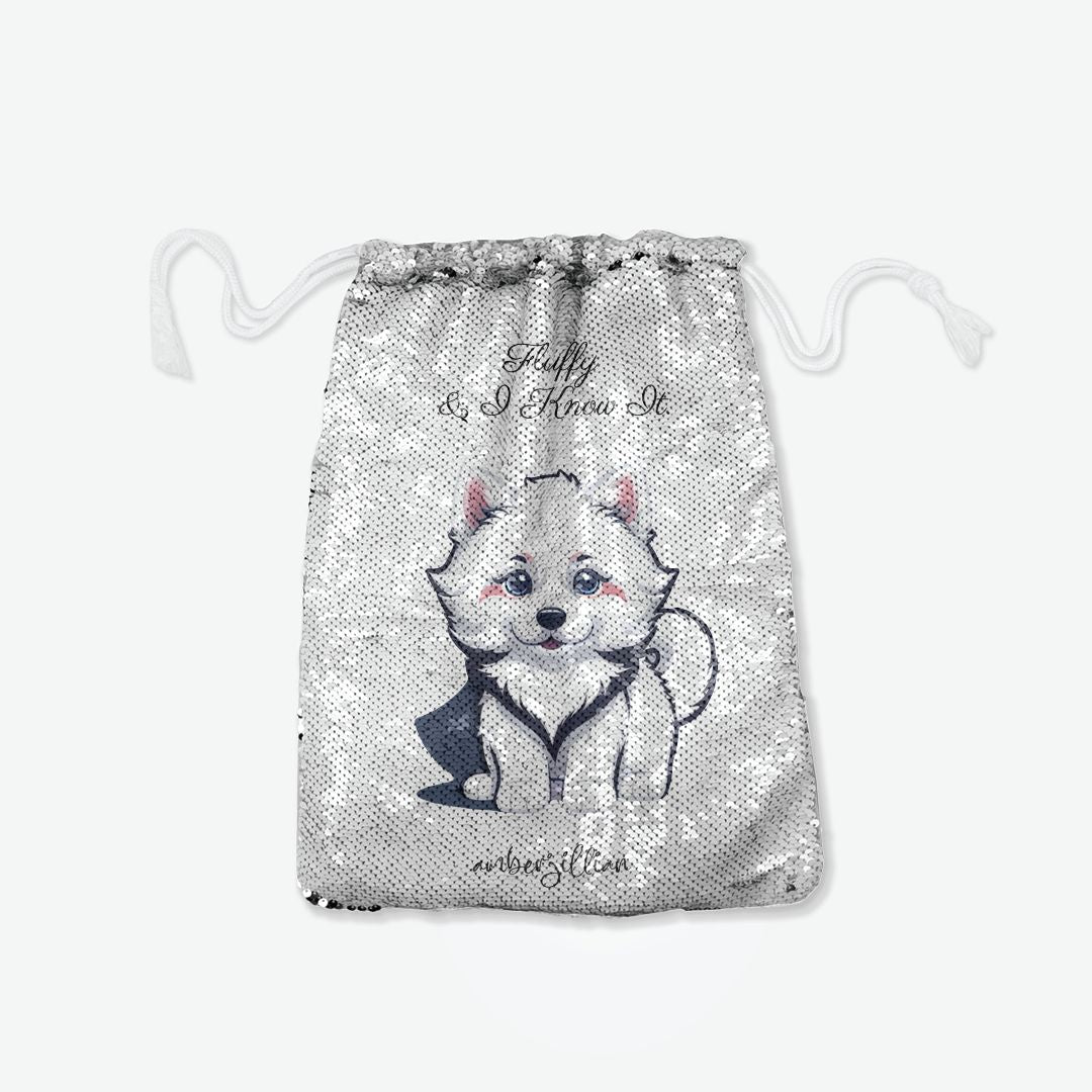 Fluffy Pup - Sequin Reversible Pull String Bag
