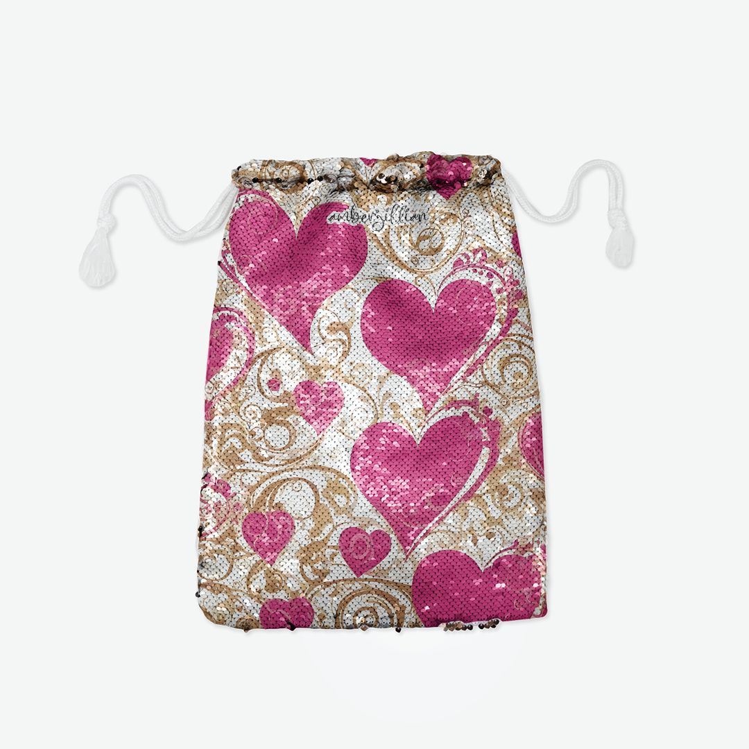 All Hearts - Sequin Reversible Pull String Bag