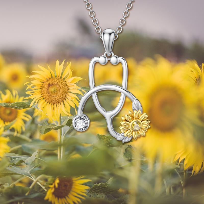 925 Sterling Silver Sunflower Stethoscope Pendant Necklace