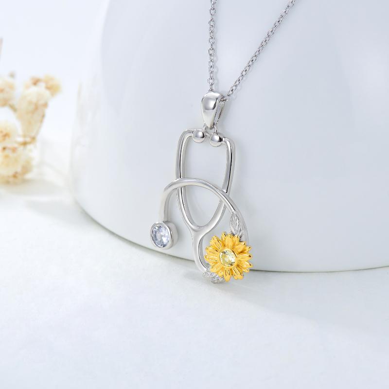 925 Sterling Silver Sunflower Stethoscope Pendant Necklace