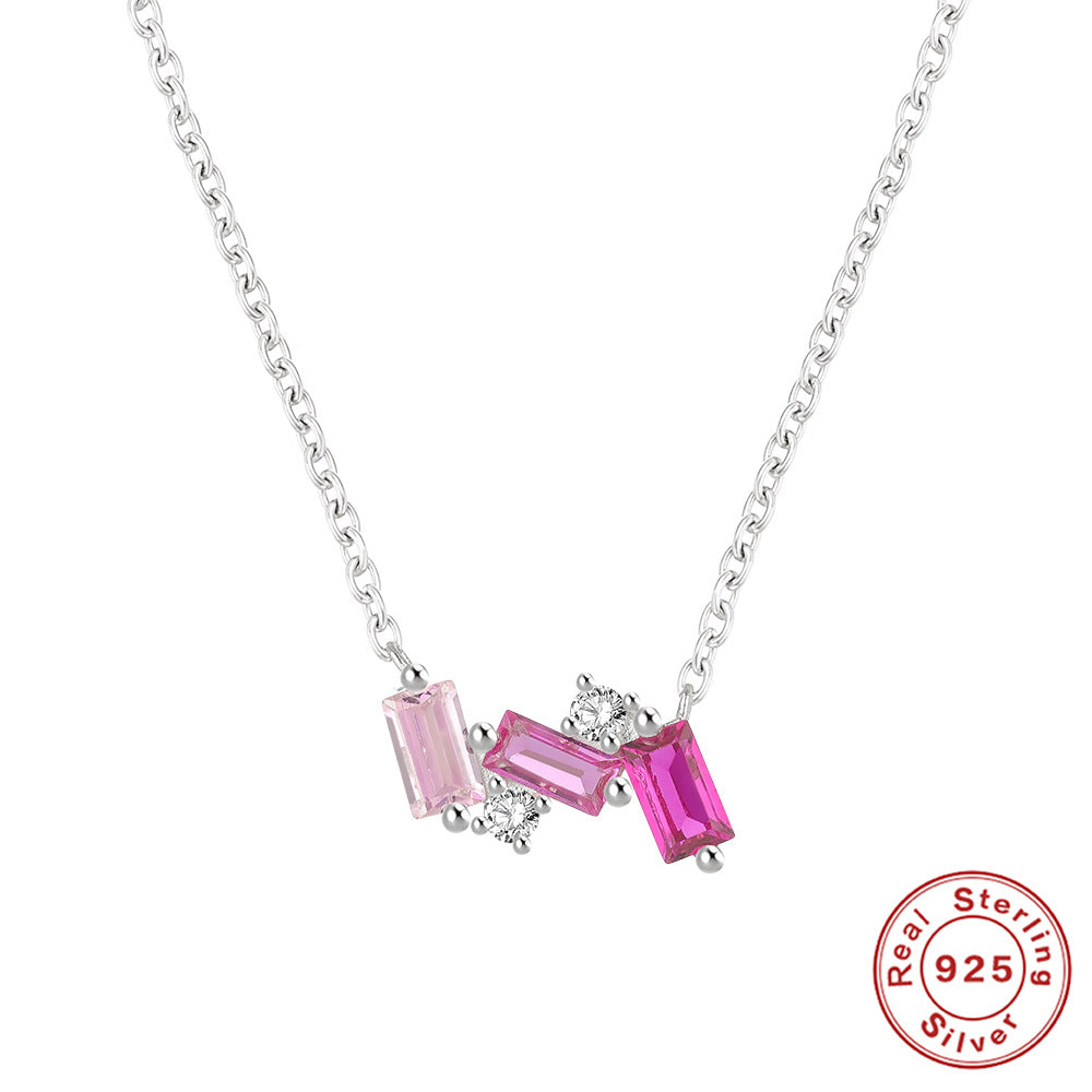 Square Silver Inlay Zircon Necklace