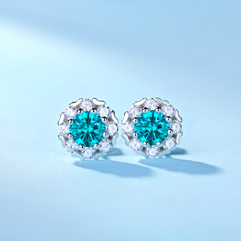 Blue Moissanite CZ Snowflake 925 Sterling Silver Stud Earrings