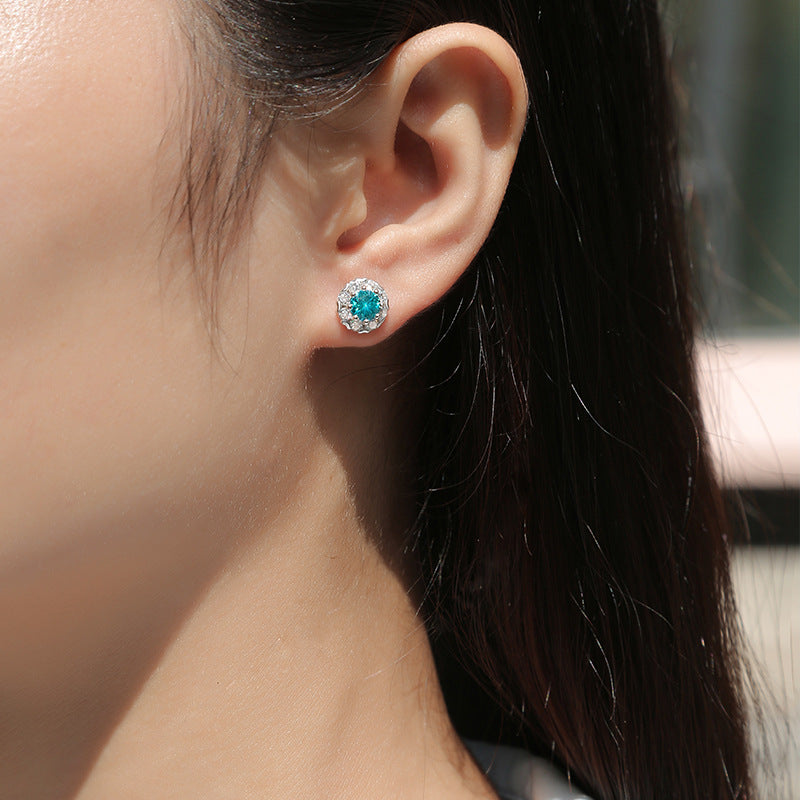 Blue Moissanite CZ Snowflake 925 Sterling Silver Stud Earrings