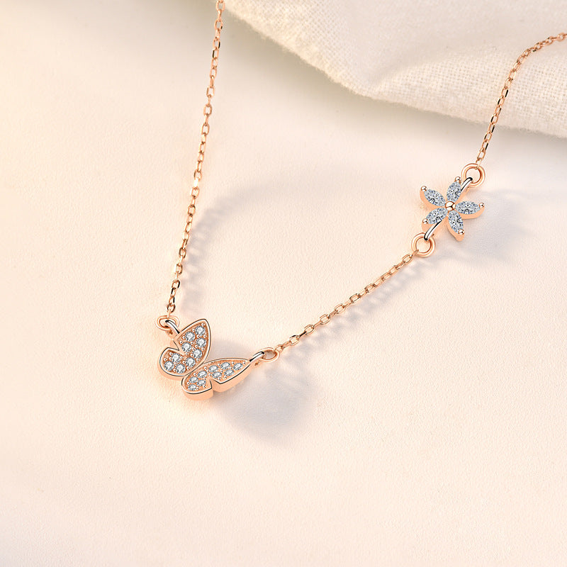 CZ Butterfly Flower 925 Sterling Silver Necklace