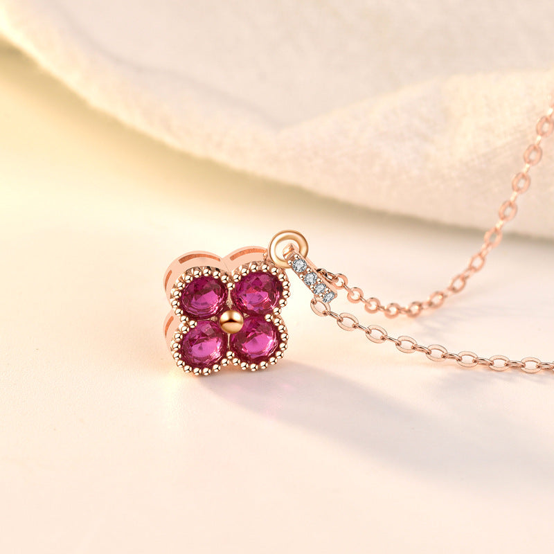 Pink CZ Four Leaf Clover 925 Sterling Silver Necklace