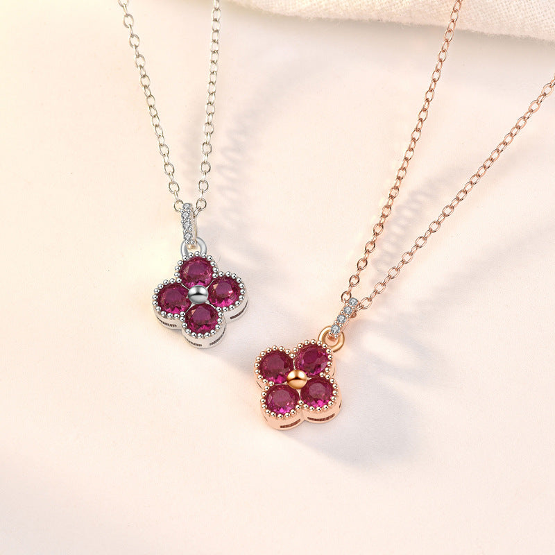 Pink CZ Four Leaf Clover 925 Sterling Silver Necklace