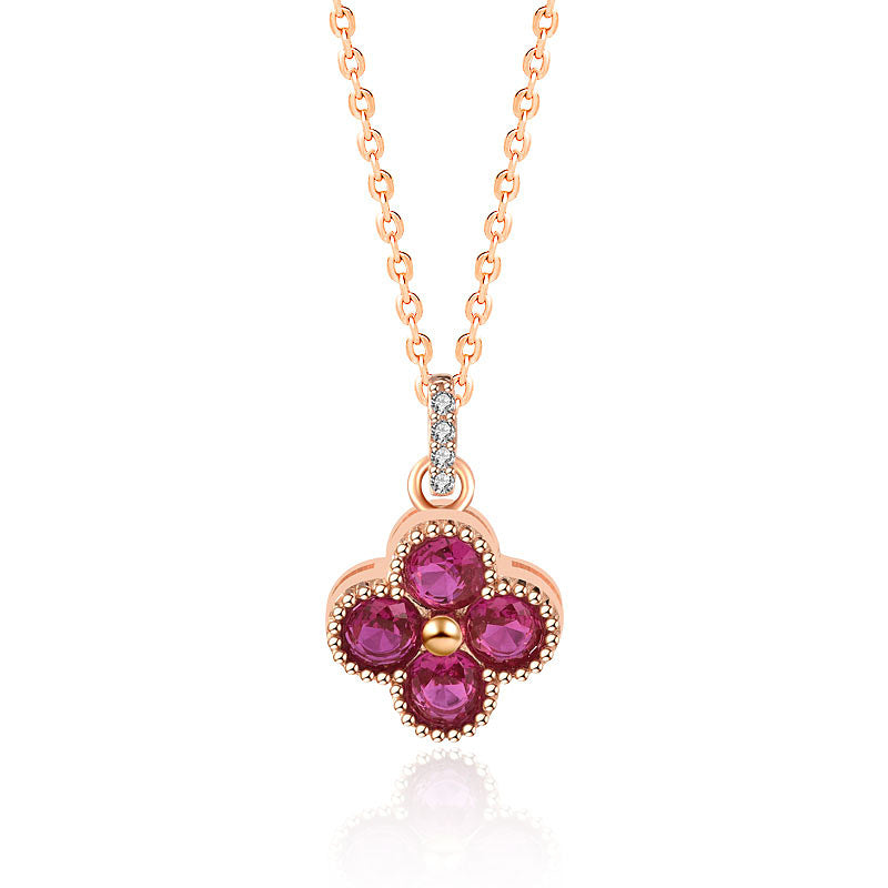 Pink CZ Four Leaf Clover 925 Sterling Silver Necklace