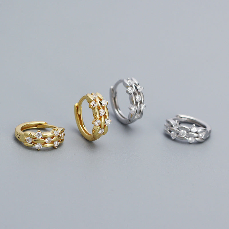 CZ Leaves Branch 925 Sterling Silver Hoop Earrings