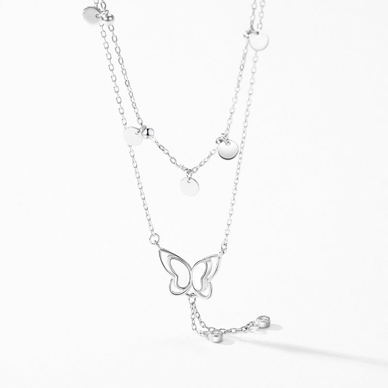 Circular Sequin Butterfly Dropping 925 Sterling Silver Necklace