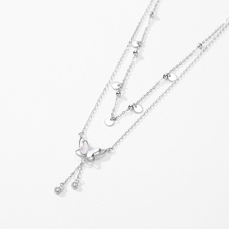Circular Sequin Butterfly Dropping 925 Sterling Silver Necklace