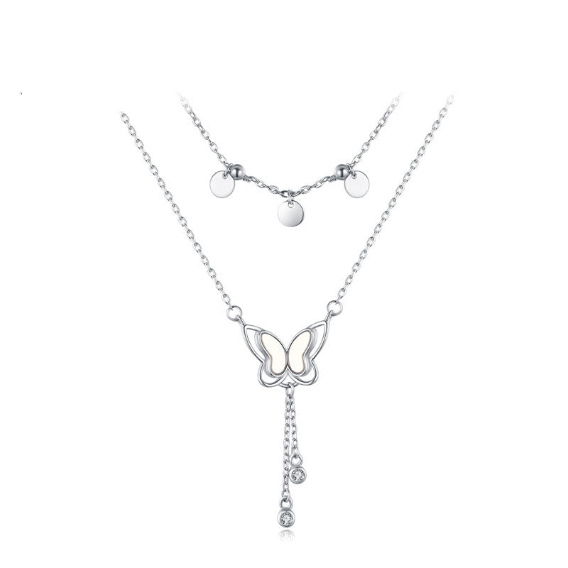 Circular Sequin Butterfly Dropping 925 Sterling Silver Necklace