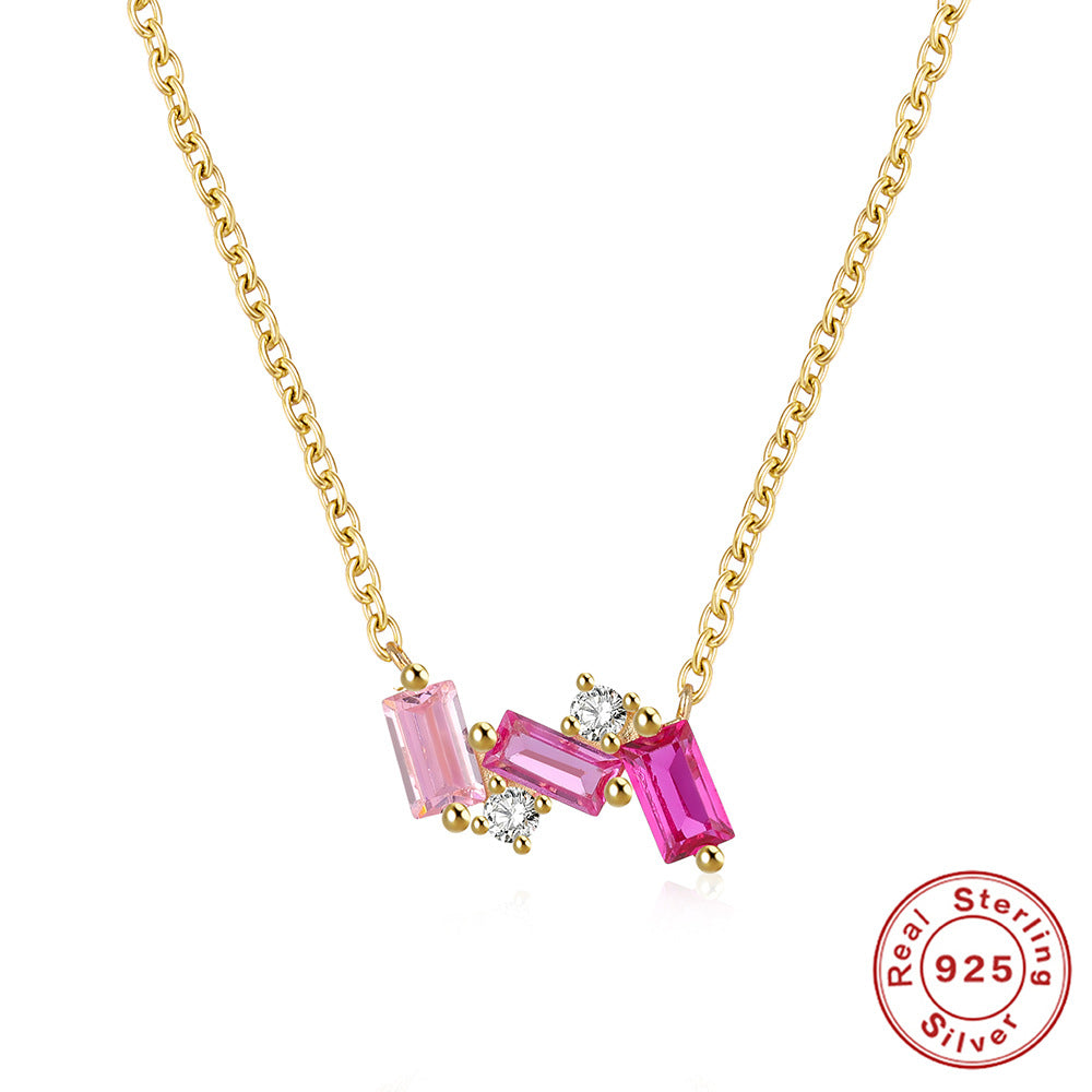 Square Silver Inlay Zircon Necklace