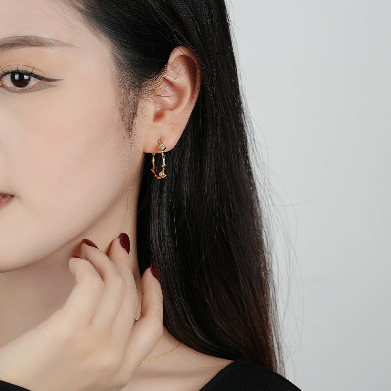 CZ 925 Sterling Silver Bamboo Joint C Shape Hoop Earrings