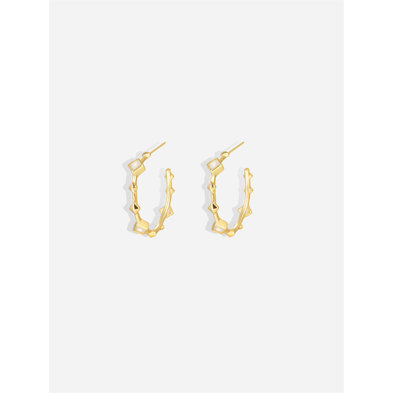 CZ 925 Sterling Silver Bamboo Joint C Shape Hoop Earrings