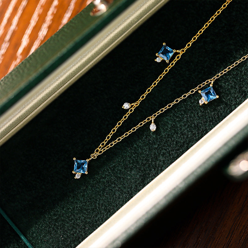 Blue Square CZ 925 Sterling Silver Necklace