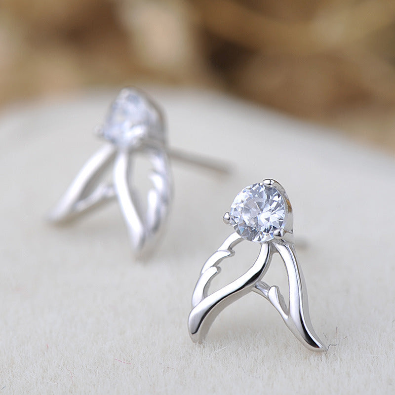 Angel's Wing Round CZ 925 Sterling Silver Stud Earrings